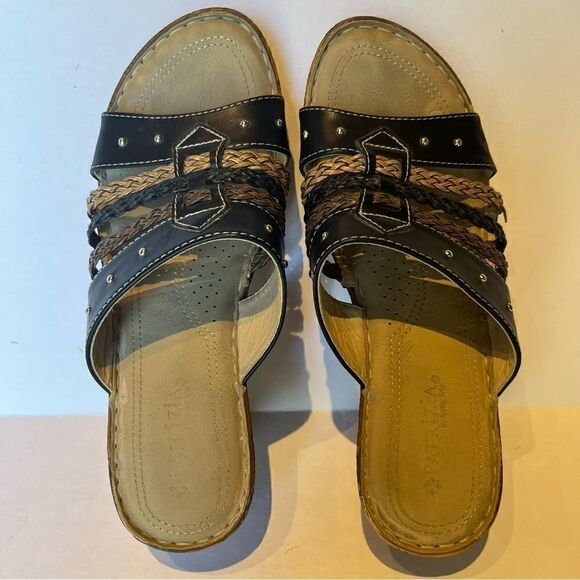 Patrizia Sandals by Spring Step Size 8.5/39 Black/Tan Braided Slip On Wedge - Picture 6 of 9